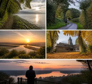 Cinq scènes naturelles et authentiques de Quillebeuf et de la Normandie : chemin de halage mouillé au bord de la Seine, cycliste solitaire sur une route bocagère, lever de brume sur le Marais Vernier, façade à colombages entourée de feuilles d’automne, et
