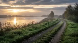 Chemin de halage verdoyant près de la Seine à l’aube, sous un ciel nuageux, lumière douce et rasante.