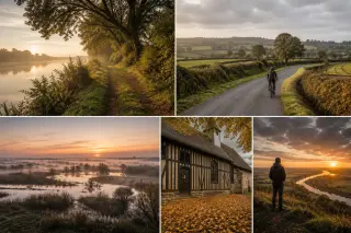 Chemin de halage verdoyant au lever du jour près de la Seine, cycliste solitaire sur route bocagère normande, marais Vernier brumeux au matin, façade d’un vieux manoir à colombages en automne, silhouette face à la Seine au crépuscule