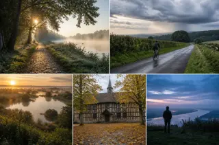 Chemin de halage bordant la Seine à l’aube sous lumière rasante, cycliste seul sur route normande entre haies bocagères sous ciel couvert, Marais Vernier brumeux au lever du soleil, façade en colombages entourée de feuilles dorées en automne, silhouette c