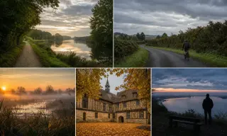 Cinq scènes documentaires réalistes de Quillebeuf : halage au bord de la Seine à l'aube, cycliste sur route bocagère sous ciel couvert, Marais Vernier dans la brume matinale, façade de manoir normand en automne, silhouette contemplant la Seine au crépuscu