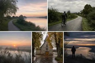 Photos documentaires : chemin de halage le long de la Seine à l’aube, cycliste sur route normande bordée de haies sous ciel couvert, marais Vernier au lever du soleil avec brume basse, façade à colombages en automne sous lumière douce, silhouette contempl
