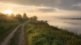 Dewy riverside towpath at dawn along the Seine near Quillebeuf, gentle mist over water, soft natural light.