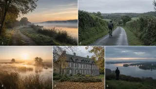 Chemin de halage au bord de la Seine à l’aube, végétation dense, lumière dorée et douce, ambiance paisible. Cycliste solitaire sur une route rurale normande entourée de haies sous un ciel couvert. Marais Vernier au petit matin, roselières et brume flottan