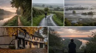 Chemin de halage en bord de Seine au lever du jour avec lumière naturelle, verdure et reflets, Normandie; cycliste solitaire sur route rurale entourée de haies, sous ciel couvert; marais brumeux du Vernier à l’aube, végétation dense et brume basse; façade